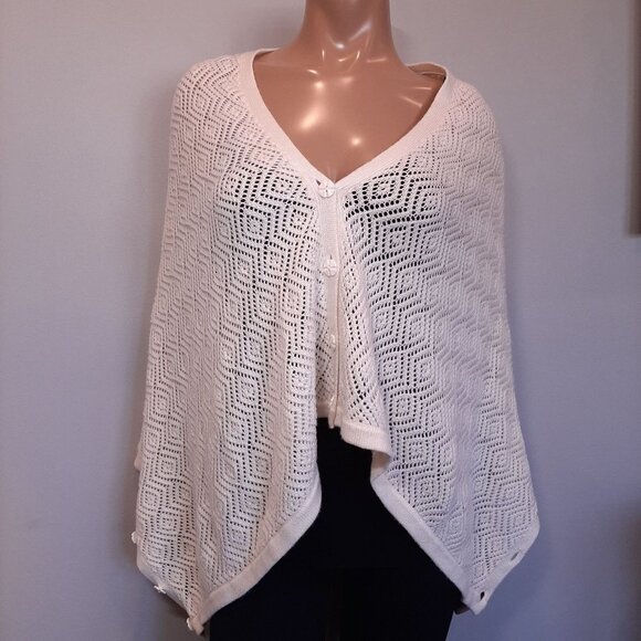 Giordano Wool Blend Cardigan Cape Sweater Cream Buttoned Cape Shawl - Picture 6 of 8